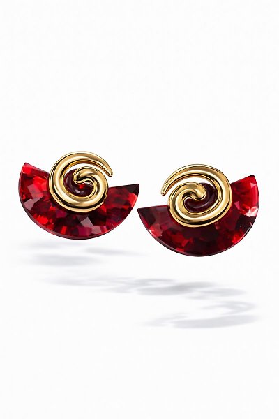 Spiral Detaylı Kırmızı Taşlı VIP Çelik Küpe