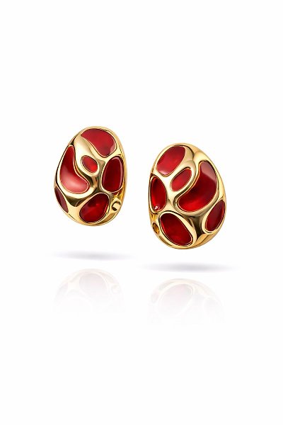 Kırmızı Mine Detaylı Gold Organik Form Kadın Küpe